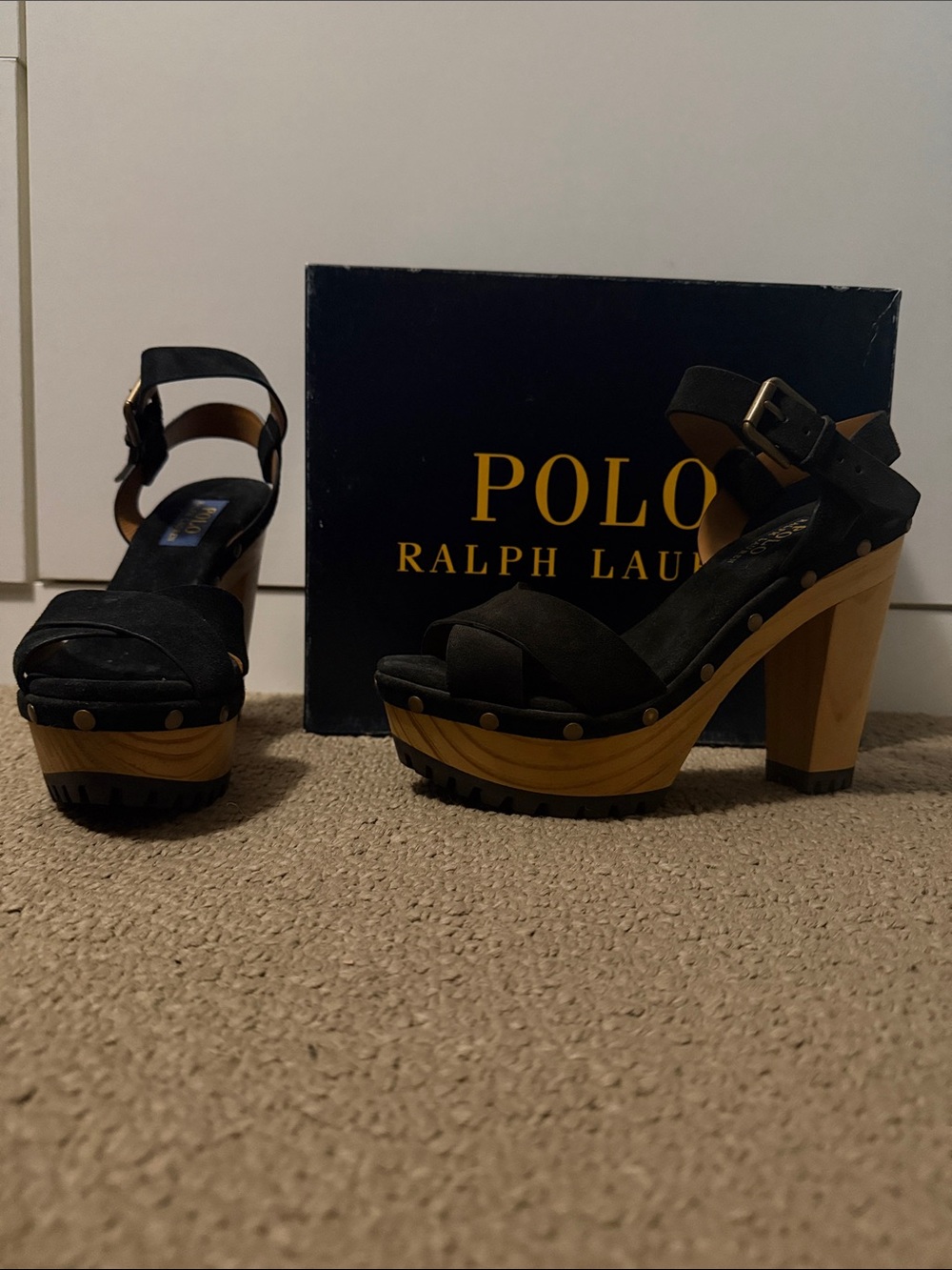 Polo by Ralph Lauren Black Suede Platform Clog Sandals